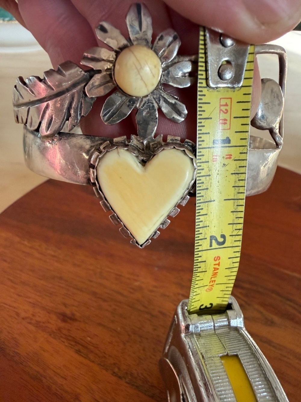 Navajo Artist Bill Kirkham Sterling Floral Leaf and Heart Cuff Bracelet - Picture 8 of 8